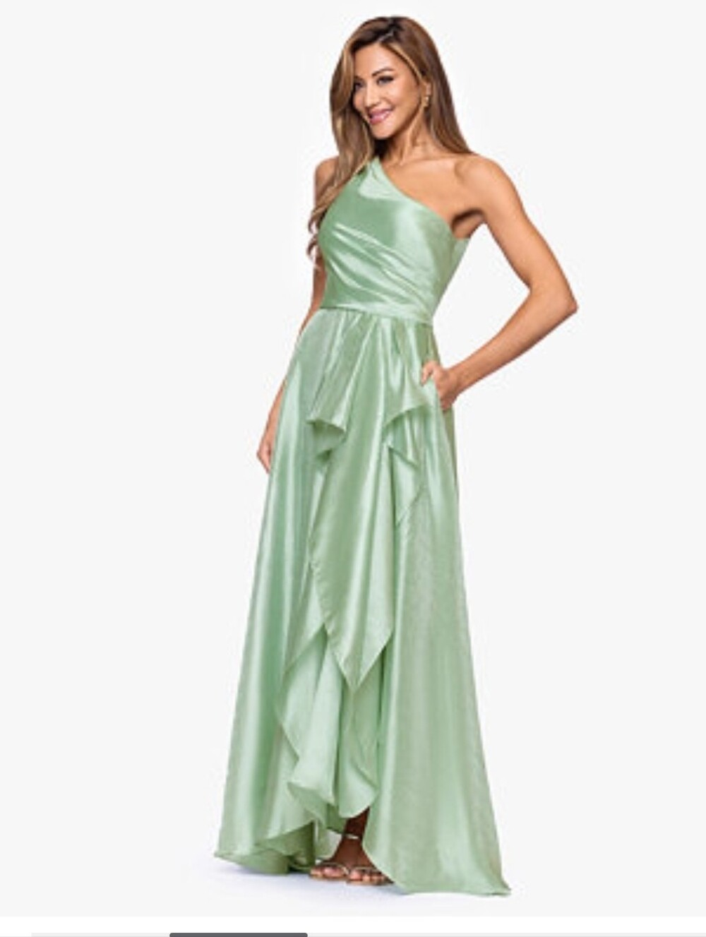 Xscape One-Shoulder Ruffle-Front Evening Gown Mint Metallic Draped Size 14